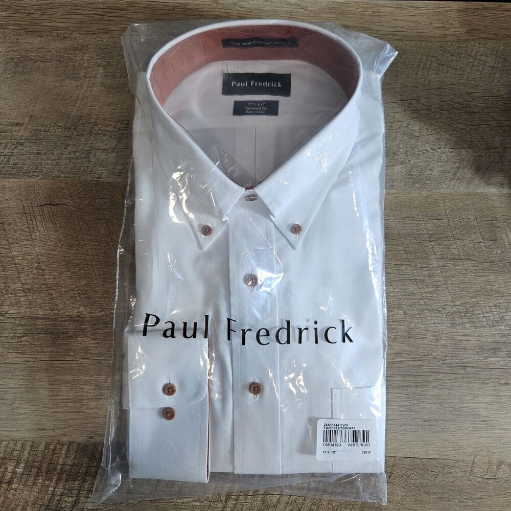 NIP Paul Fredrick Men Dress Shirt 17.5 x 37 White Cotton Long Sleeve Non Iron